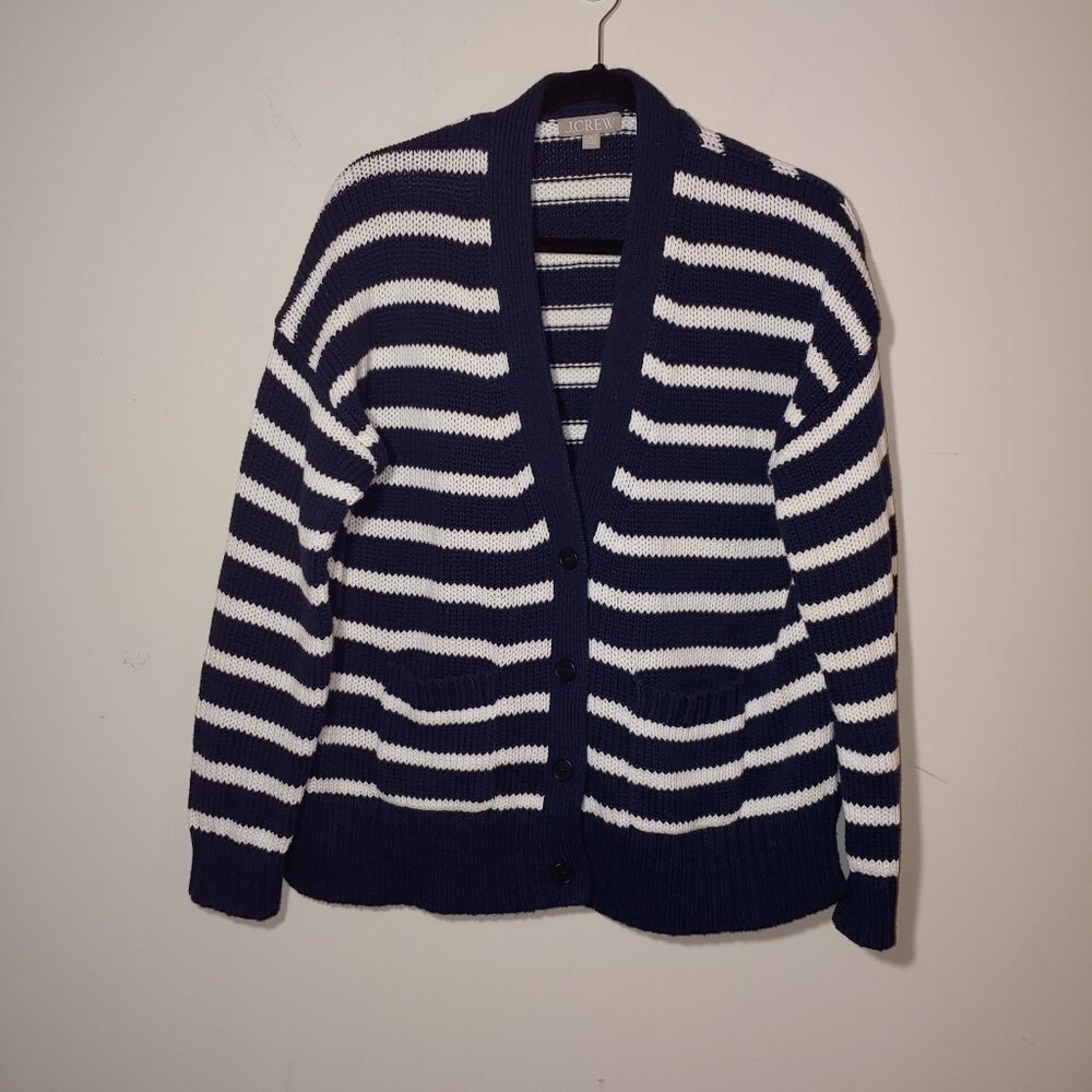 NWOT J. CREW Heritage Cotton Knit V-Neck Cardigan Navy Blue/White Stripes Sz M
